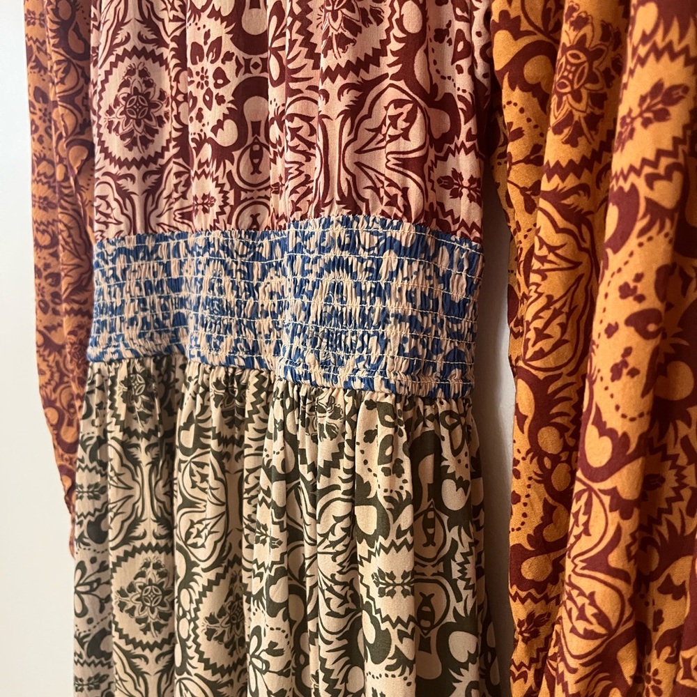 Mahila boho mixed print tiered maxi dress v-neck, smocking festival cottagecore - Picture 11 of 11